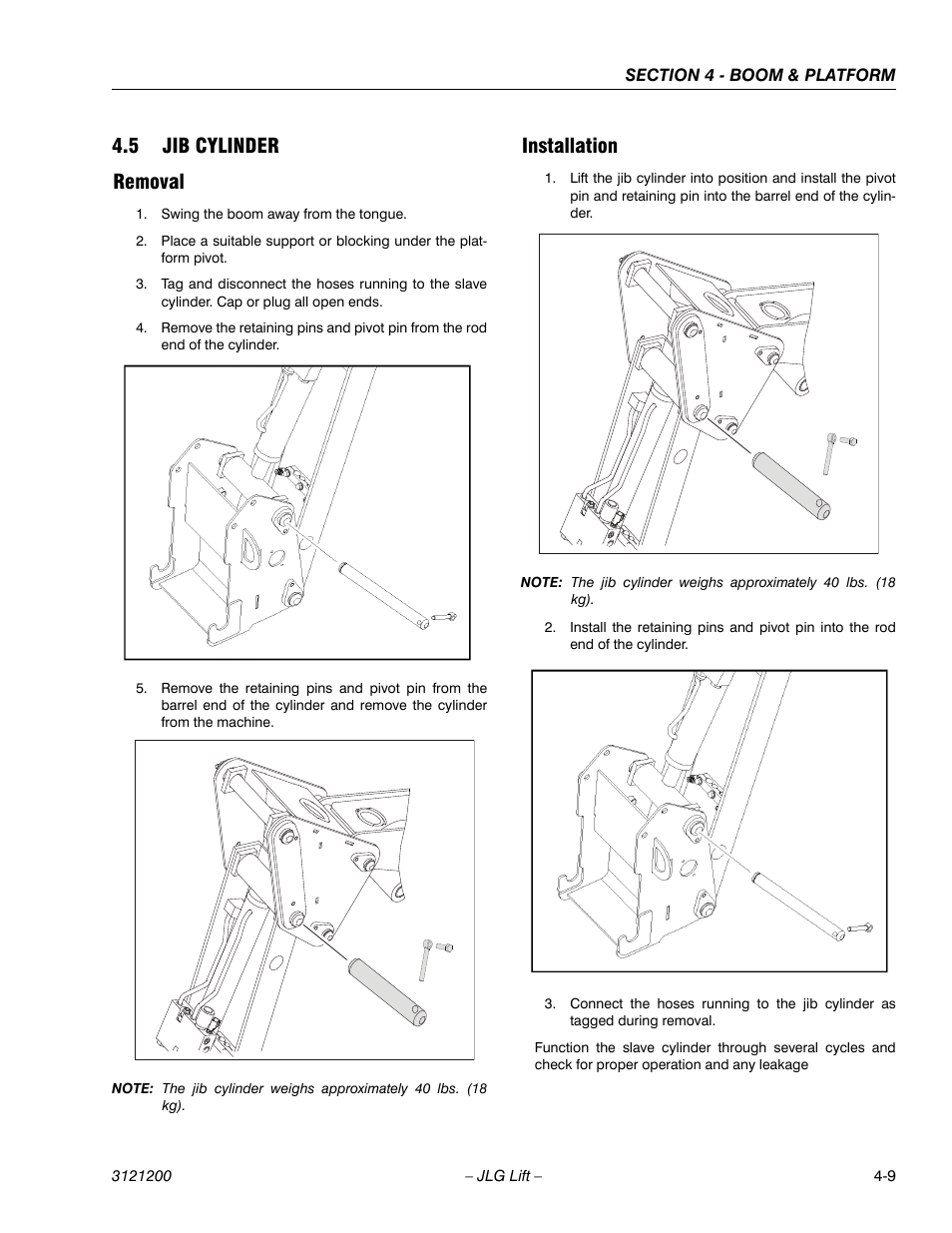 5 jib cylinder, Removal, Installation | Jib cylinder -9, Removal -9 installation -9, 5 jib cylinder removal | JLG T500J Service Manual User Manual | Page 141 / 234