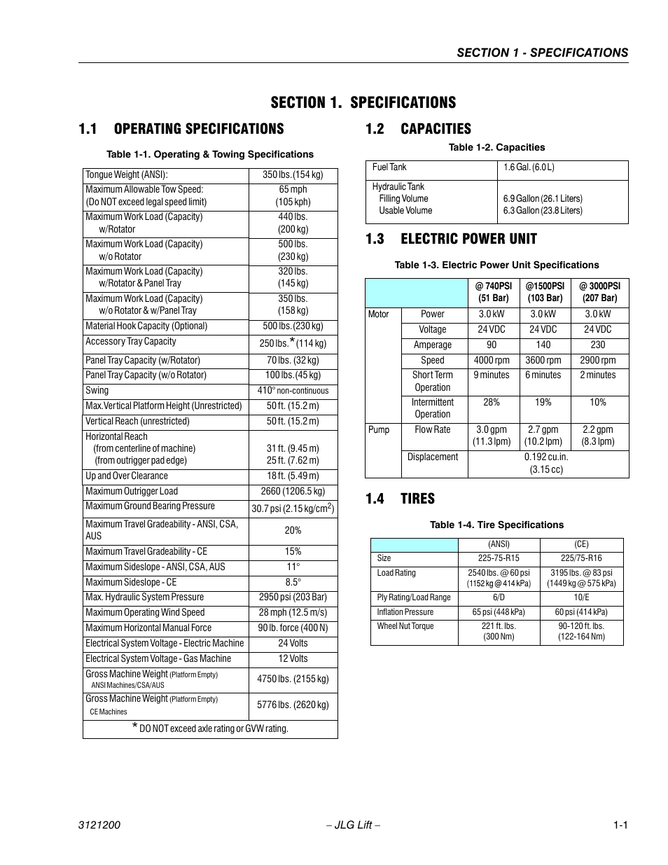 Section 1. specifications, 1 operating specifications, 2 capacities | 3 electric power unit, 4 tires, Section 1 - specifications, Operating specifications -1, Capacities -1, Electric power unit -1, Tires -1 | JLG T500J Service Manual User Manual | Page 15 / 234