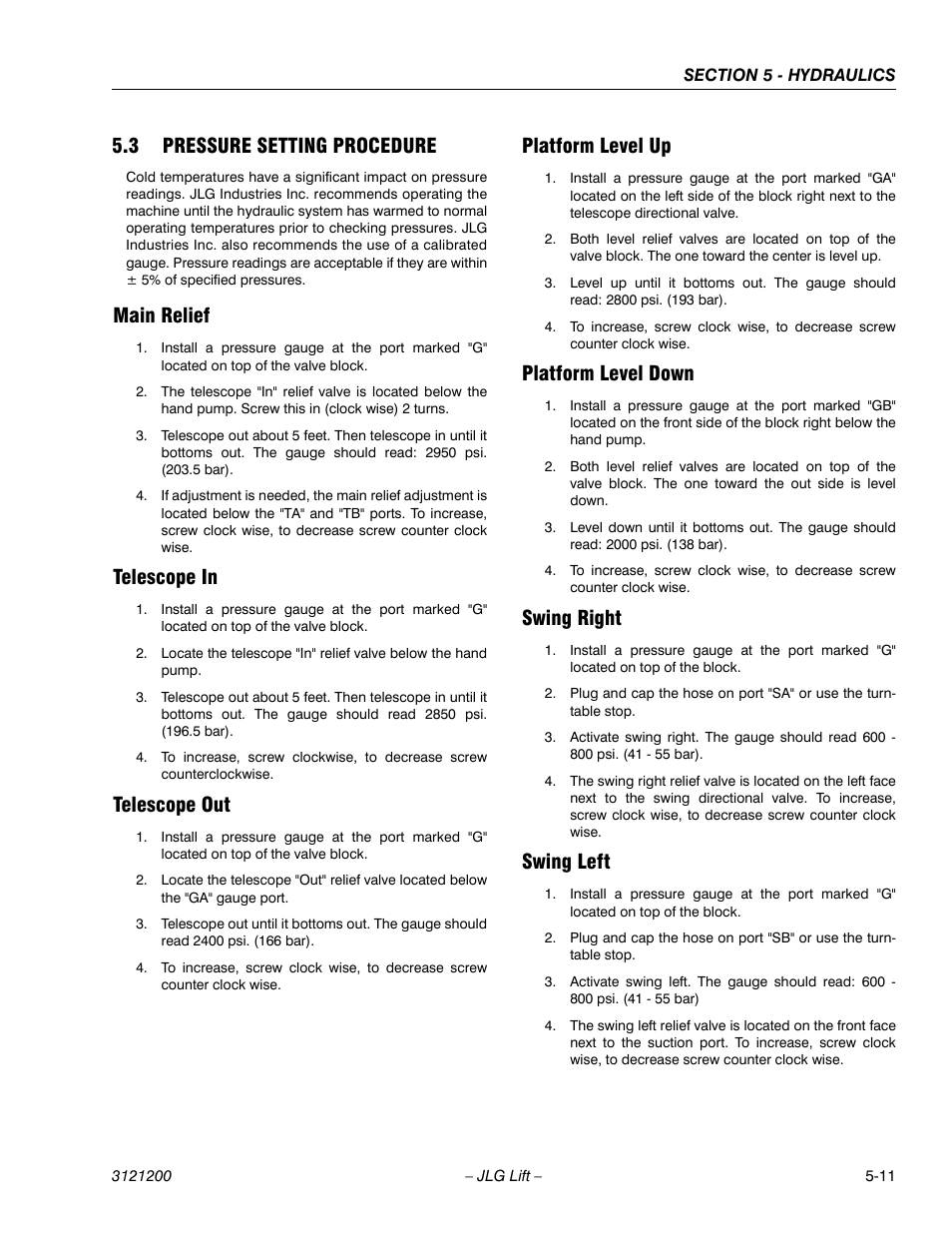 3 pressure setting procedure, Main relief, Telescope in | Telescope out, Platform level up, Platform level down, Swing right, Swing left, Pressure setting procedure -11 | JLG T500J Service Manual User Manual | Page 155 / 234