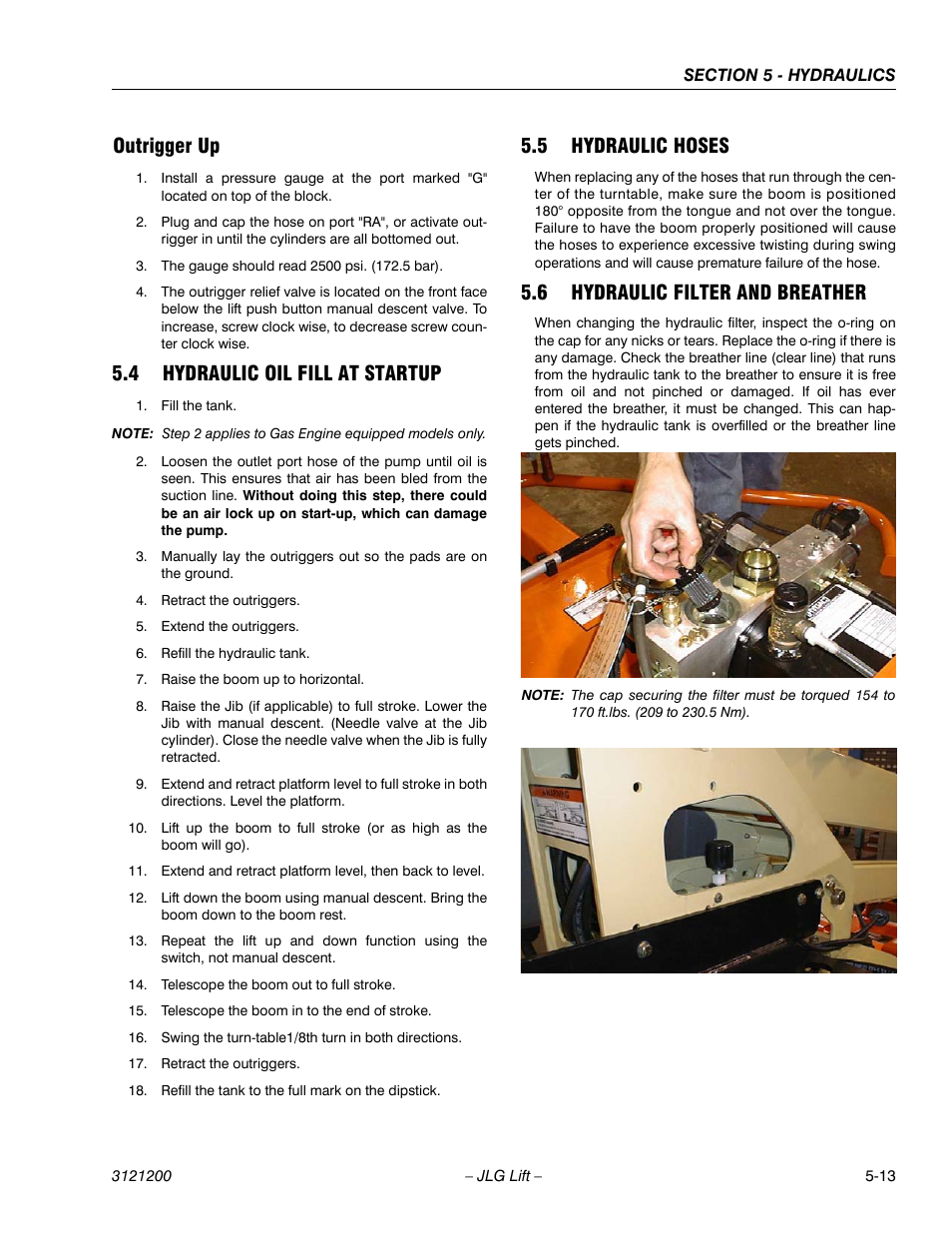 Outrigger up, 4 hydraulic oil fill at startup, 5 hydraulic hoses | 6 hydraulic filter and breather, Outrigger up -13, Hydraulic oil fill at startup -13, Hydraulic hoses -13, Hydraulic filter and breather -13 | JLG T500J Service Manual User Manual | Page 157 / 234
