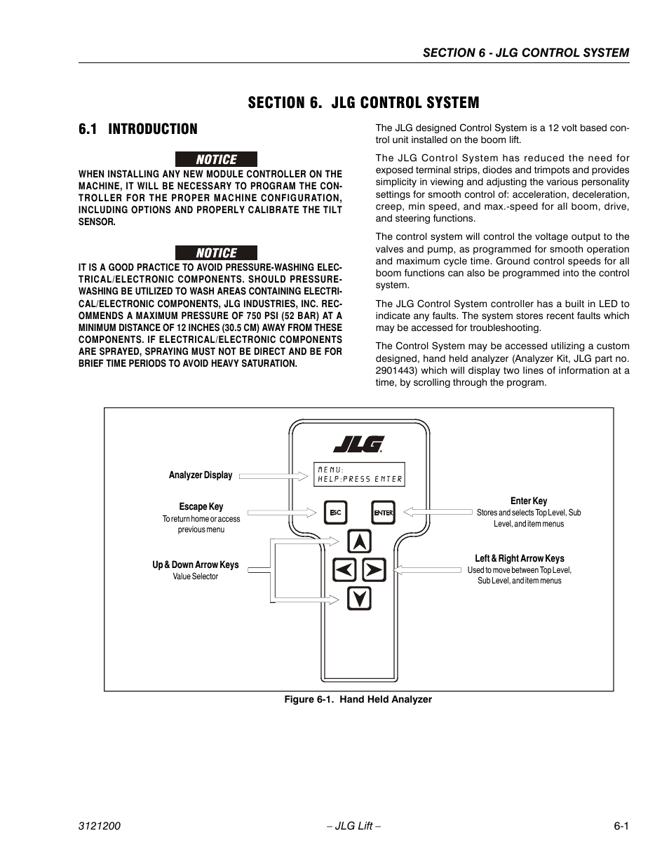 Section 6. jlg control system, 1 introduction, Section 6 - jlg control system | Introduction -1, Hand held analyzer -1 | JLG T500J Service Manual User Manual | Page 165 / 234