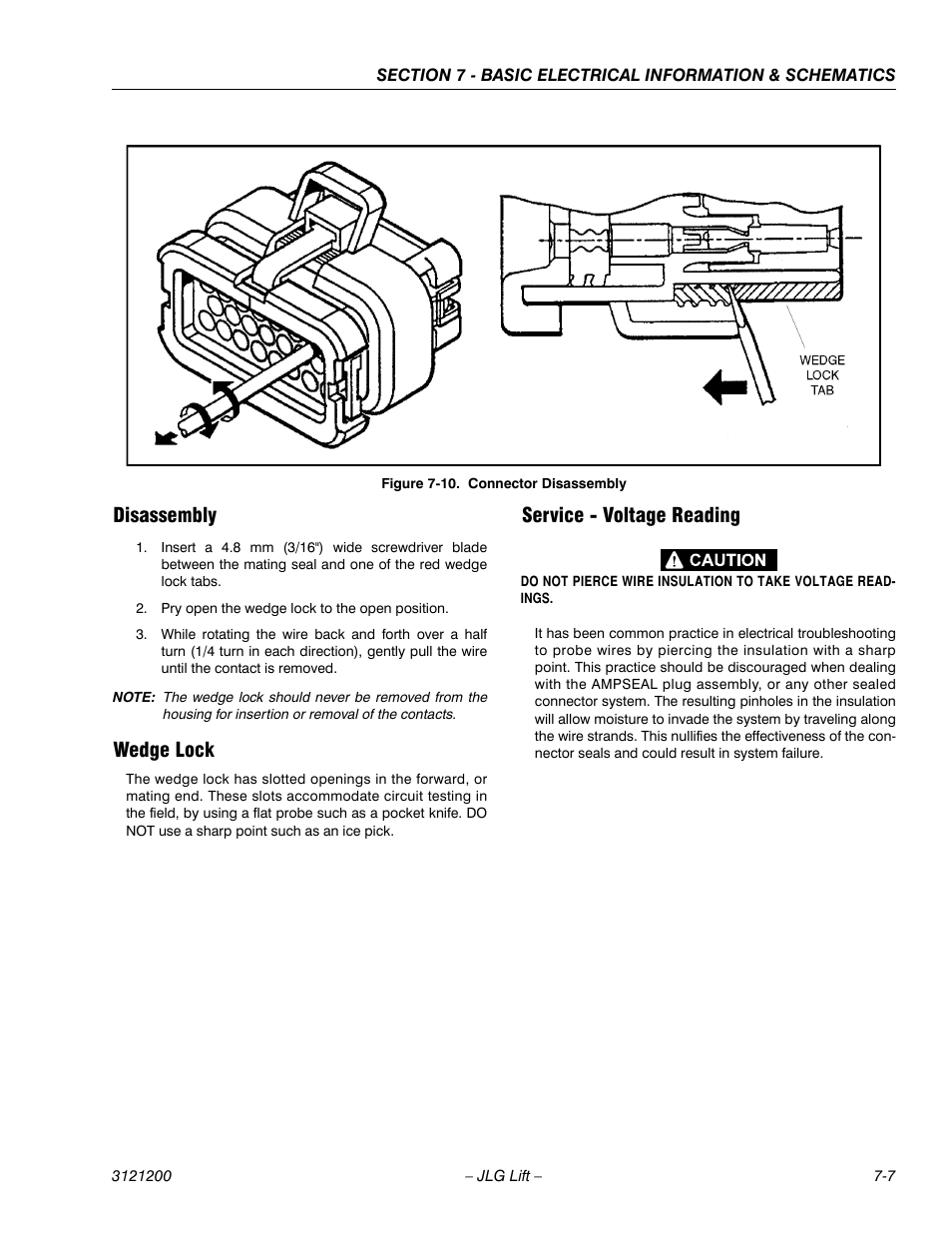 Disassembly, Wedge lock, Service - voltage reading | Connector disassembly -7 | JLG T500J Service Manual User Manual | Page 207 / 234