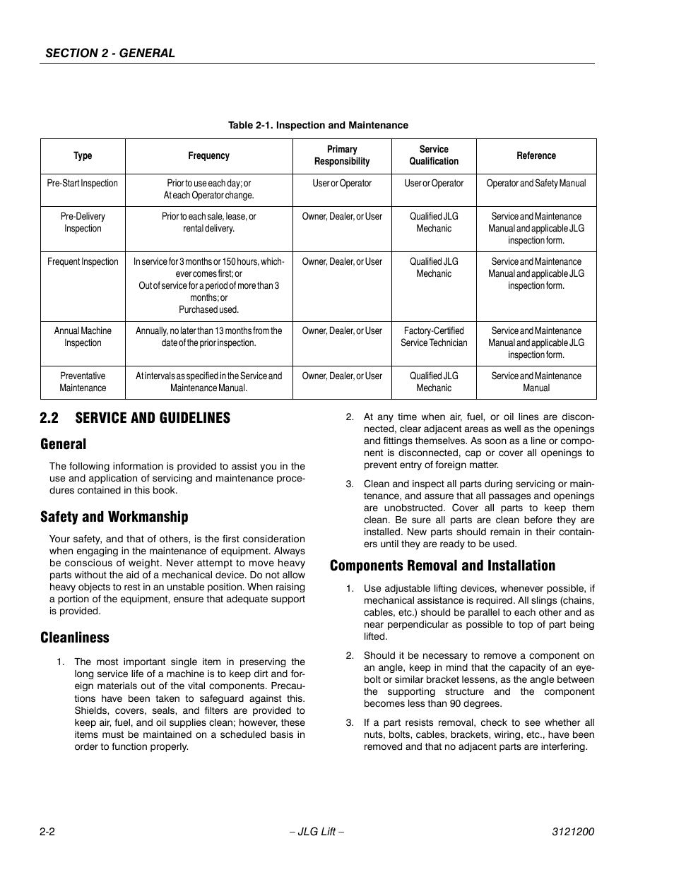 2 service and guidelines, General, Safety and workmanship | Cleanliness, Components removal and installation, Service and guidelines -2, Inspection and maintenance -2, 2 service and guidelines general | JLG T500J Service Manual User Manual | Page 30 / 234