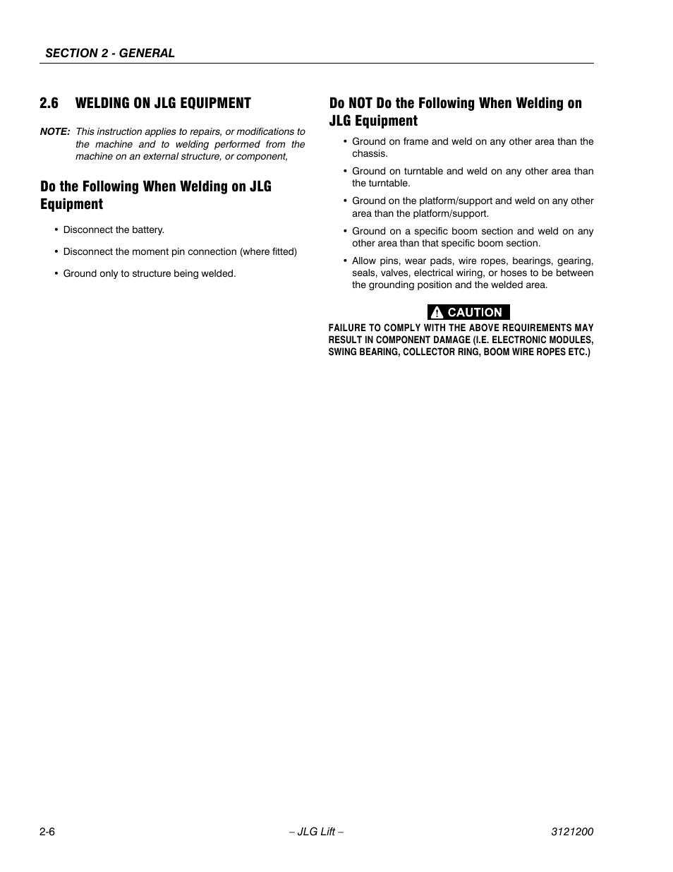 6 welding on jlg equipment, Do the following when welding on jlg equipment, Welding on jlg equipment -6 | JLG T500J Service Manual User Manual | Page 34 / 234