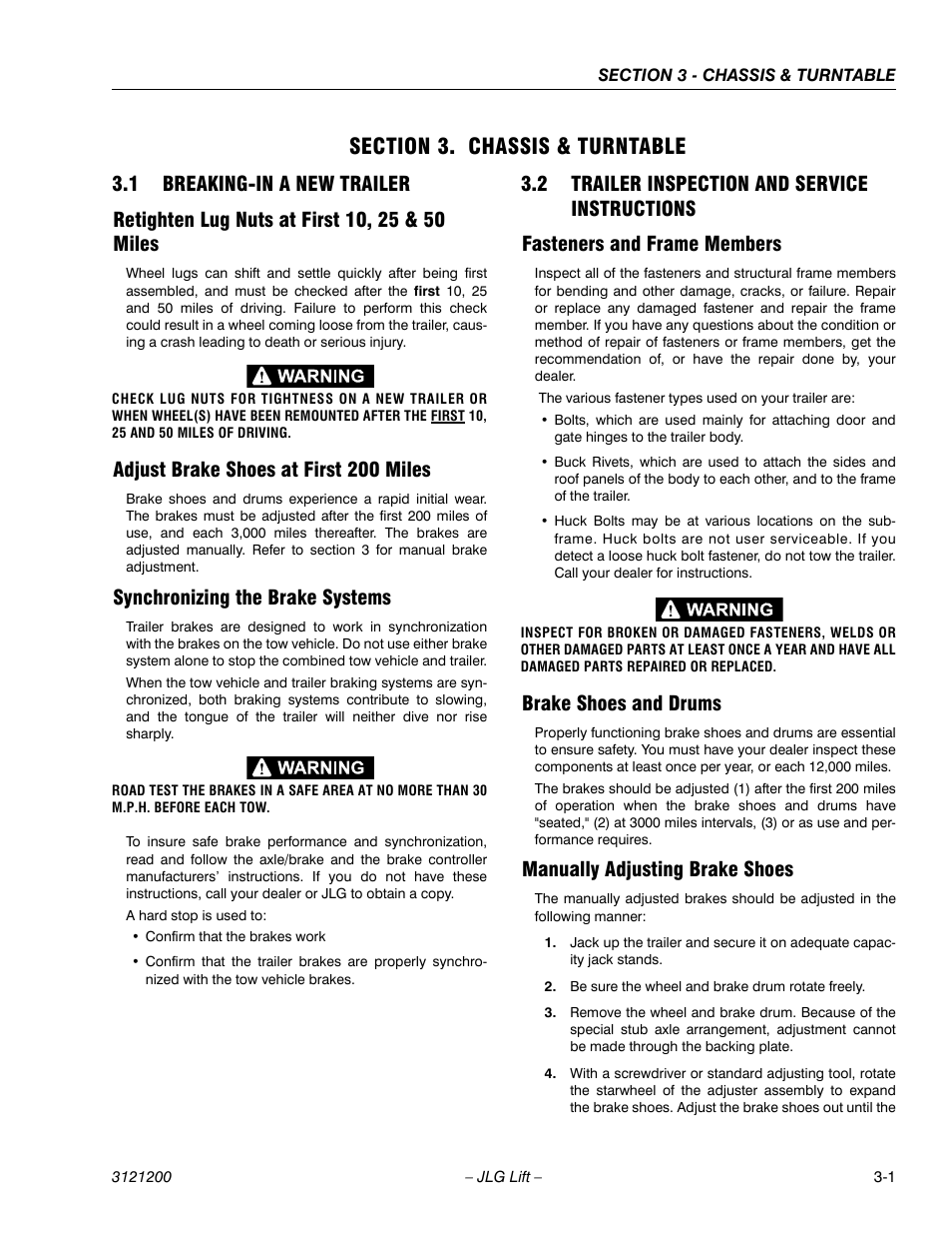 Section 3. chassis & turntable, 1 breaking-in a new trailer, Retighten lug nuts at first 10, 25 & 50 miles | Adjust brake shoes at first 200 miles, Synchronizing the brake systems, 2 trailer inspection and service instructions, Fasteners and frame members, Brake shoes and drums, Manually adjusting brake shoes, Section 3 - chassis & turntable | JLG T500J Service Manual User Manual | Page 37 / 234