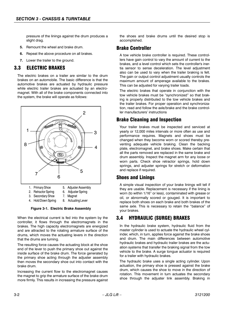 3 electric brakes, Brake controller, Brake cleaning and inspection | Shoes and linings, 4 hydraulic (surge) brakes, Electric brakes -2, Hydraulic (surge) brakes -2, Electric brake assembly -2 | JLG T500J Service Manual User Manual | Page 38 / 234