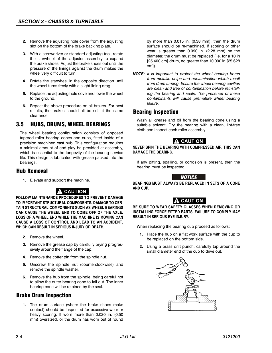 5 hubs, drums, wheel bearings, Hub removal, Brake drum inspection | Bearing inspection, Hubs, drums, wheel bearings -4 | JLG T500J Service Manual User Manual | Page 40 / 234