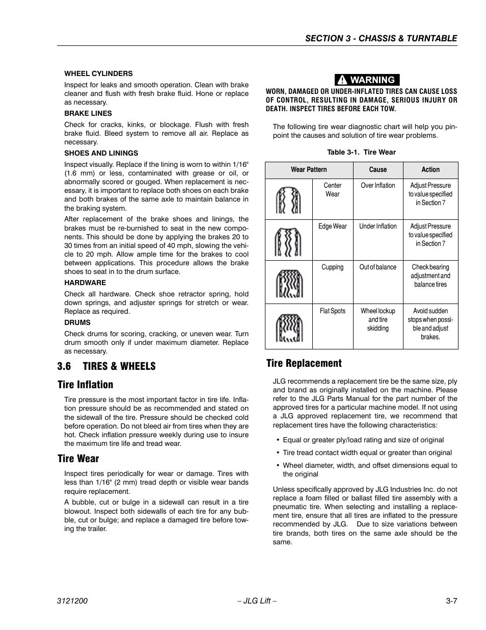 6 tires & wheels, Tire inflation, Tire wear | Tire replacement, Tires & wheels -7, Tire inflation -7 tire wear -7 tire replacement -7, Tire wear -7, 6 tires & wheels tire inflation | JLG T500J Service Manual User Manual | Page 43 / 234