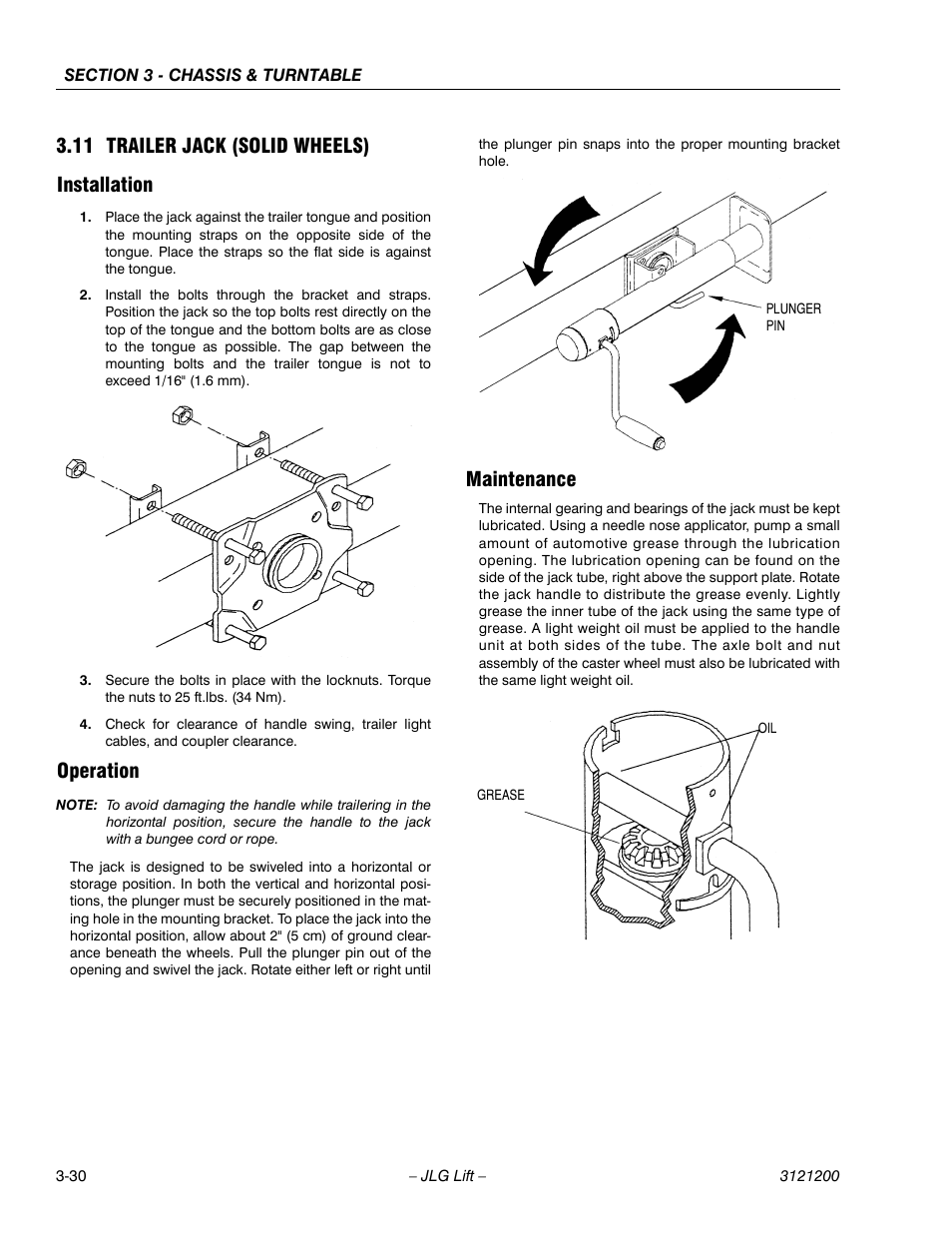 11 trailer jack (solid wheels), Installation, Operation | Maintenance, Trailer jack (solid wheels) -30, Installation -30 operation -30 maintenance -30, 11 trailer jack (solid wheels) installation | JLG T500J Service Manual User Manual | Page 66 / 234