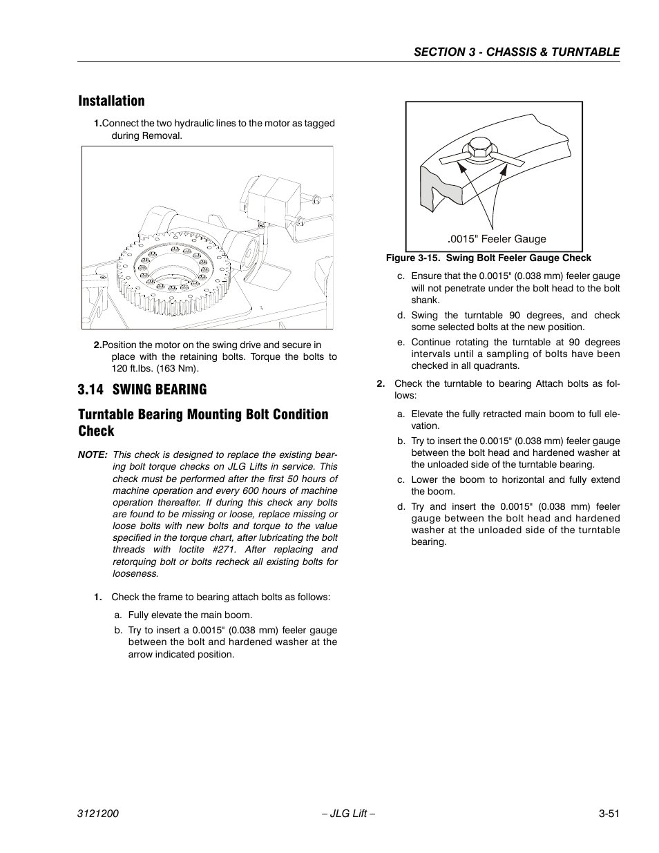 Installation, 14 swing bearing, Turntable bearing mounting bolt condition check | Installation -51, Swing bearing -51, Swing bolt feeler gauge check -51 | JLG T500J Service Manual User Manual | Page 87 / 234