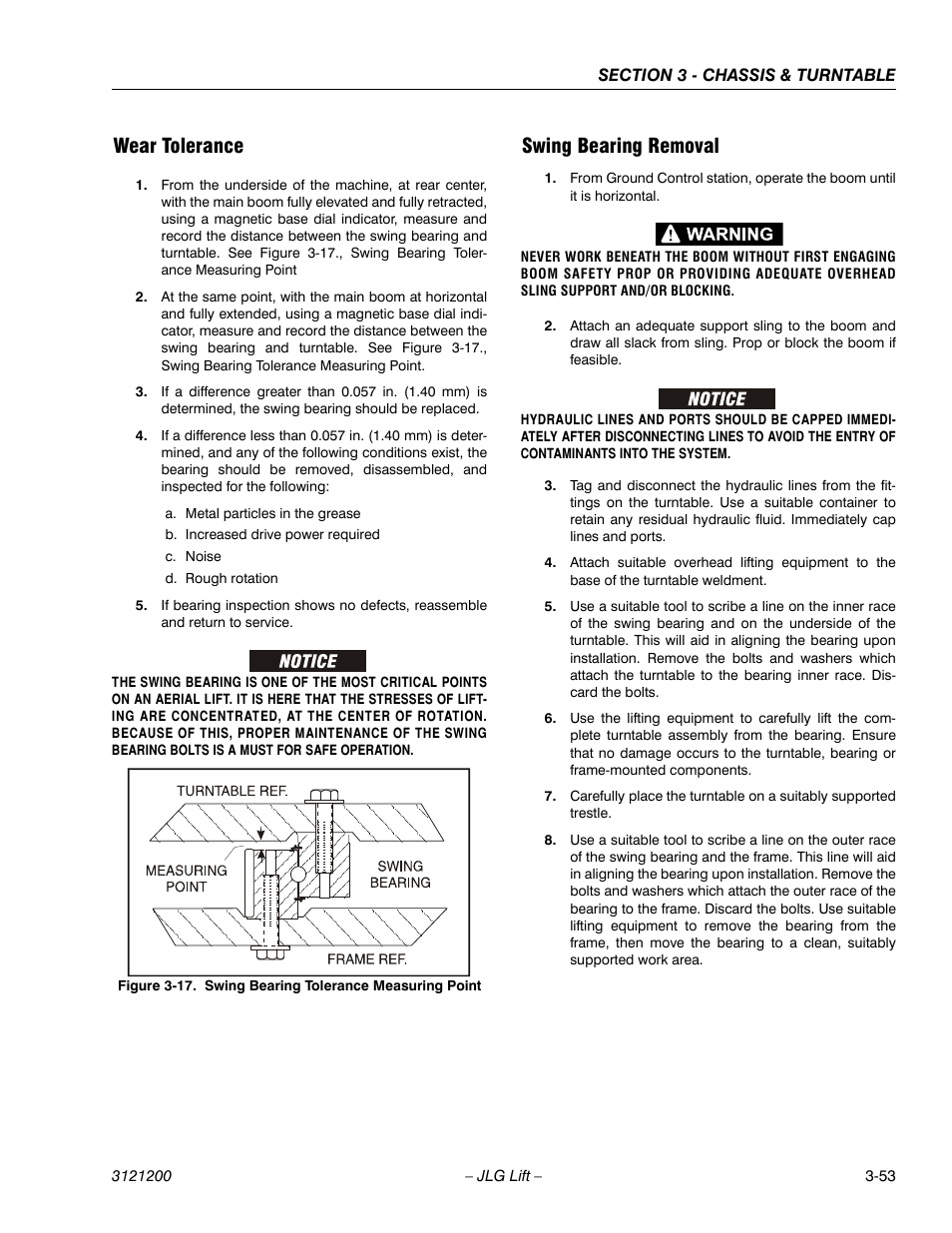 Wear tolerance, Swing bearing removal, Wear tolerance -53 swing bearing removal -53 | Swing bearing tolerance measuring point -53 | JLG T500J Service Manual User Manual | Page 89 / 234