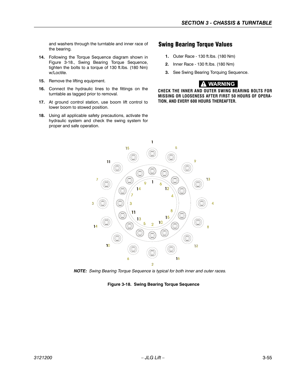 Swing bearing torque values, Swing bearing torque values -55, Swing bearing torque sequence -55 | JLG T500J Service Manual User Manual | Page 91 / 234