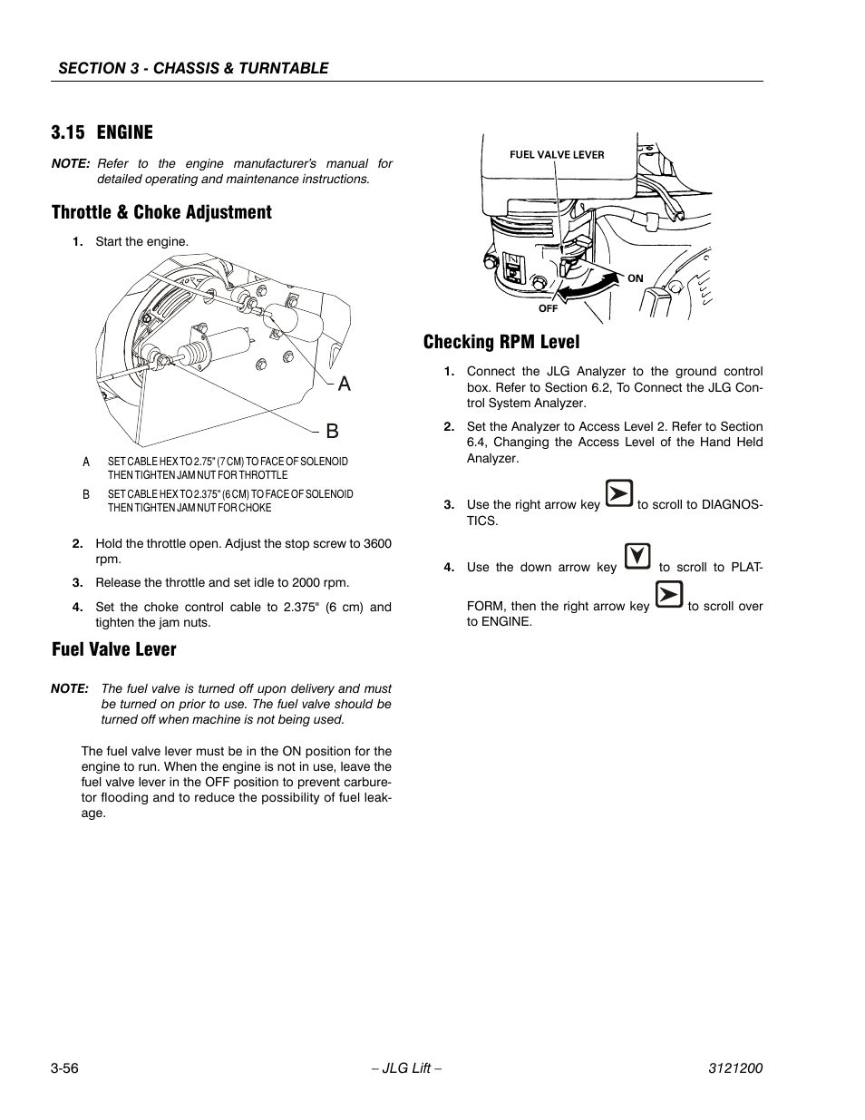 15 engine, Throttle & choke adjustment, Fuel valve lever | Checking rpm level, Engine -56 | JLG T500J Service Manual User Manual | Page 92 / 234