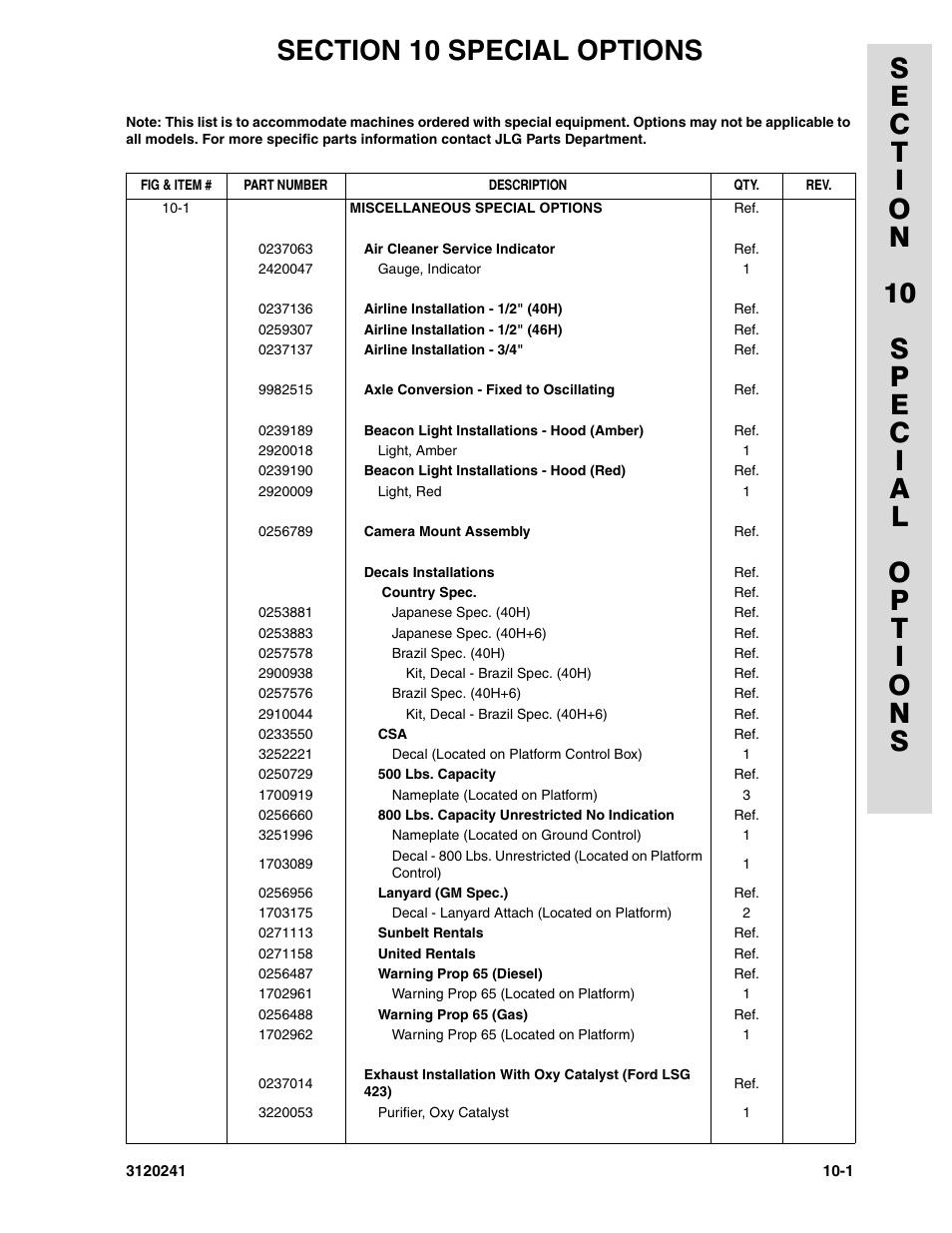 Section 10 special options, 10 - special options -1 | JLG 40H Parts Manual User Manual | Page 469 / 476