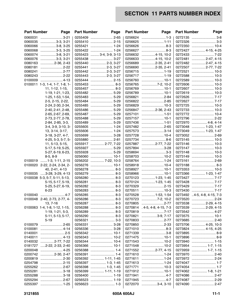 Section 11 parts number index, 11 - parts number index -1 | JLG 600A_AJ Parts Manual User Manual | Page 301 / 314