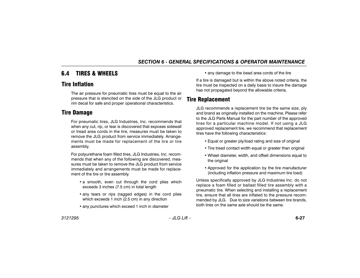 4 tires & wheels, Tire inflation, Tire damage | Tire replacement, 4 tires & wheels -27, 4 tires & wheels tire inflation | JLG 740AJ Operator Manual User Manual | Page 119 / 132