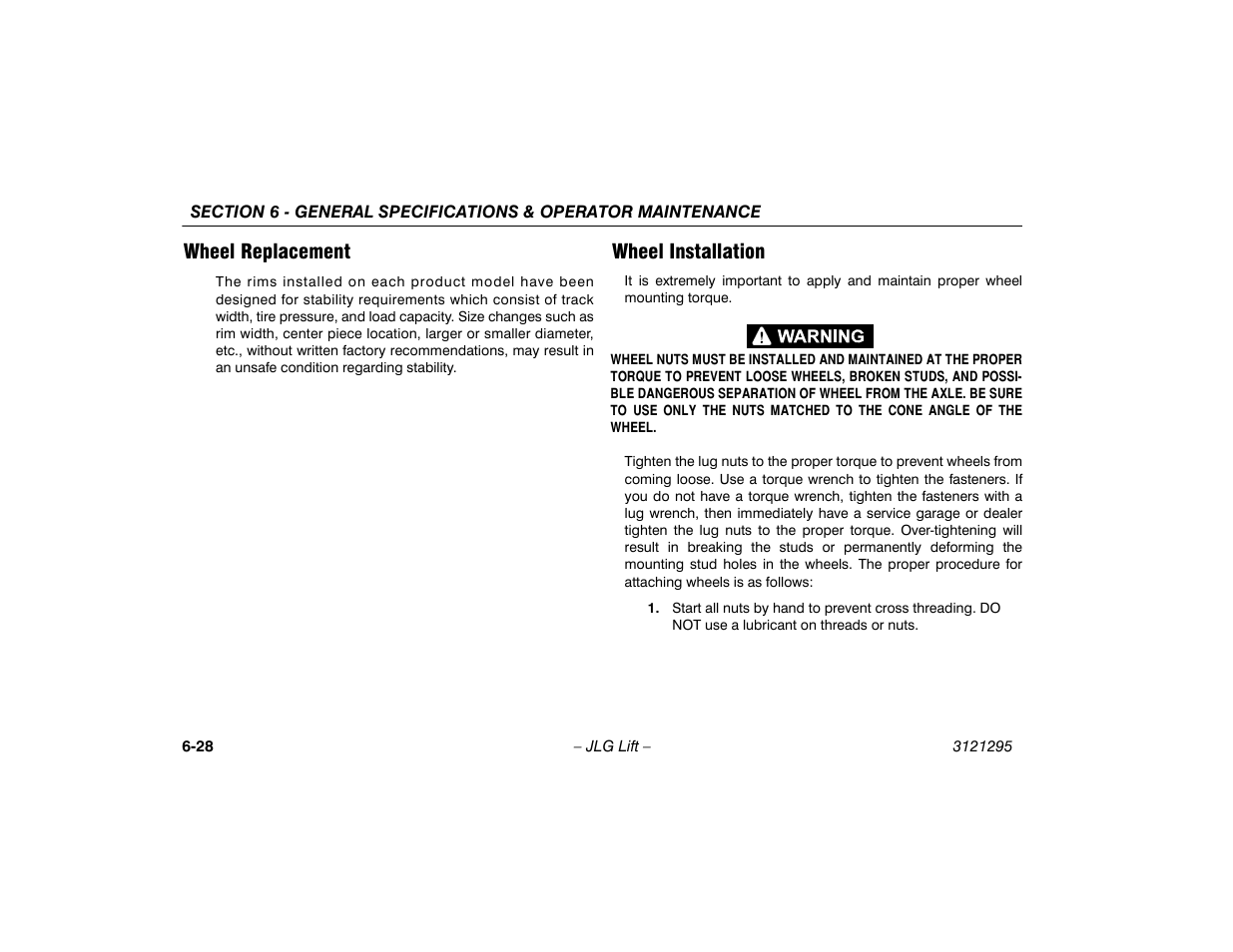 Wheel replacement, Wheel installation, Wheel replacement -28 wheel installation -28 | JLG 740AJ Operator Manual User Manual | Page 120 / 132