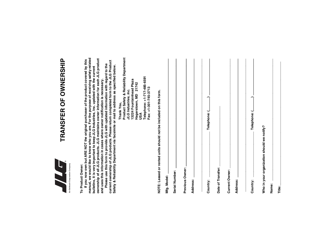 Transfer of ownership | JLG 740AJ Operator Manual User Manual | Page 129 / 132