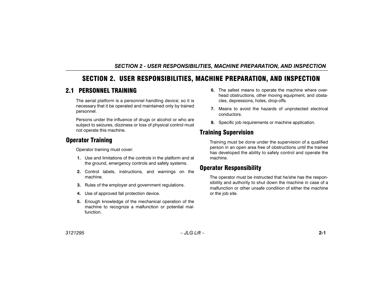1 personnel training, Operator training, Training supervision | Operator responsibility, Section - 2 - user responsibilities, machine, Preparation, and inspection, 1 personnel training -1 | JLG 740AJ Operator Manual User Manual | Page 21 / 132