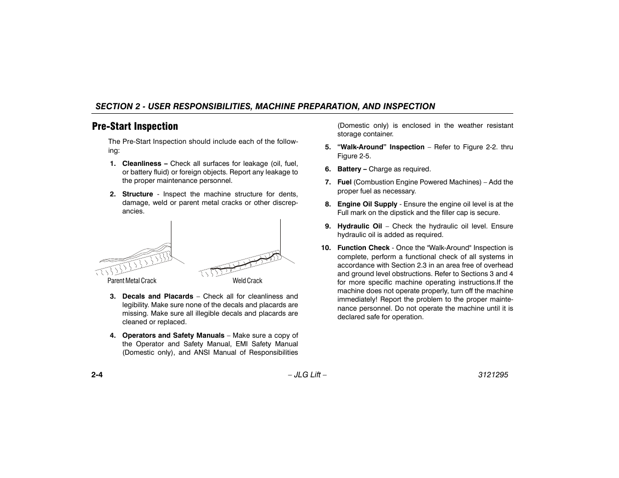 Pre-start inspection, Pre-start inspection -4 | JLG 740AJ Operator Manual User Manual | Page 24 / 132