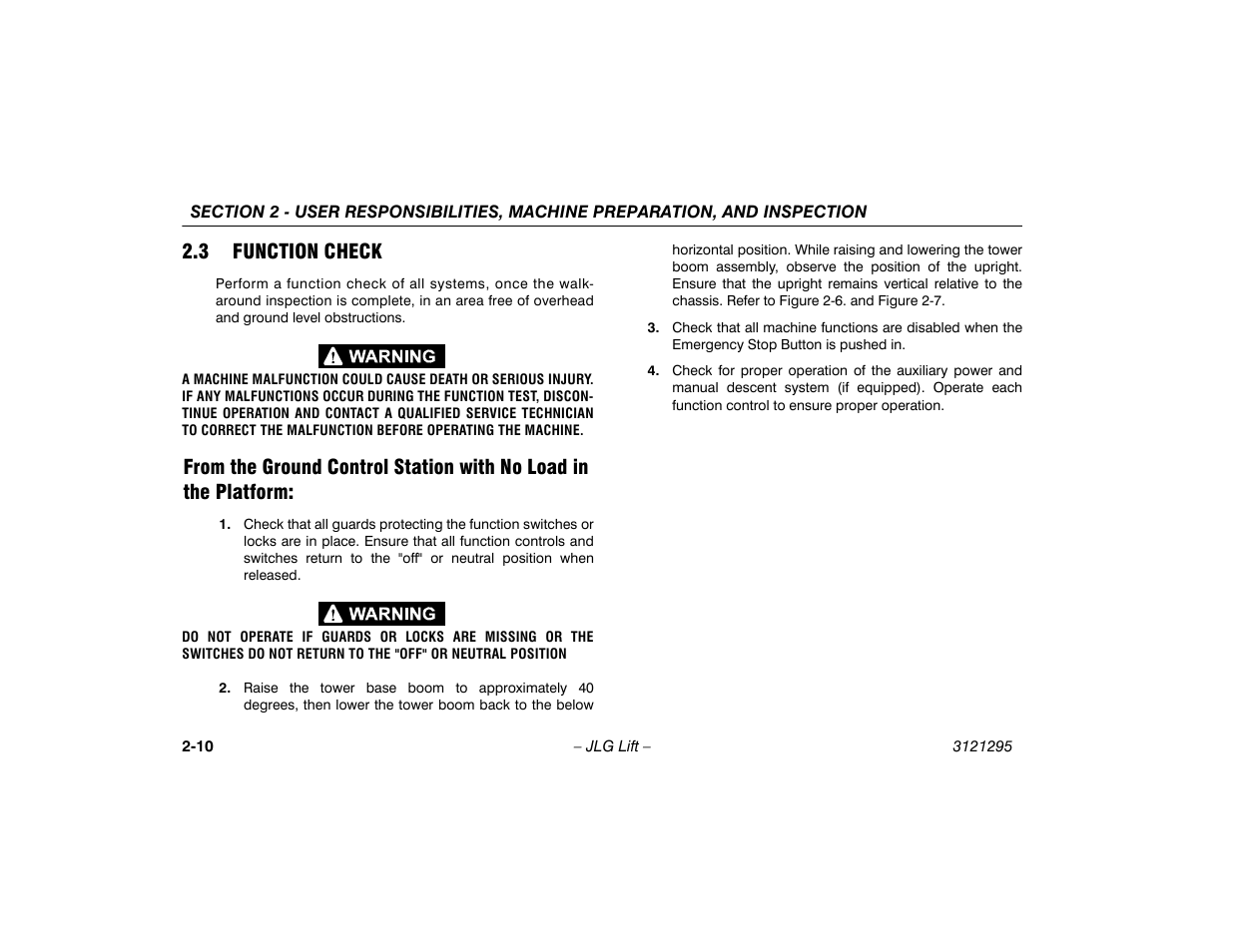 3 function check, 3 function check -10, Platform: -10 | JLG 740AJ Operator Manual User Manual | Page 30 / 132