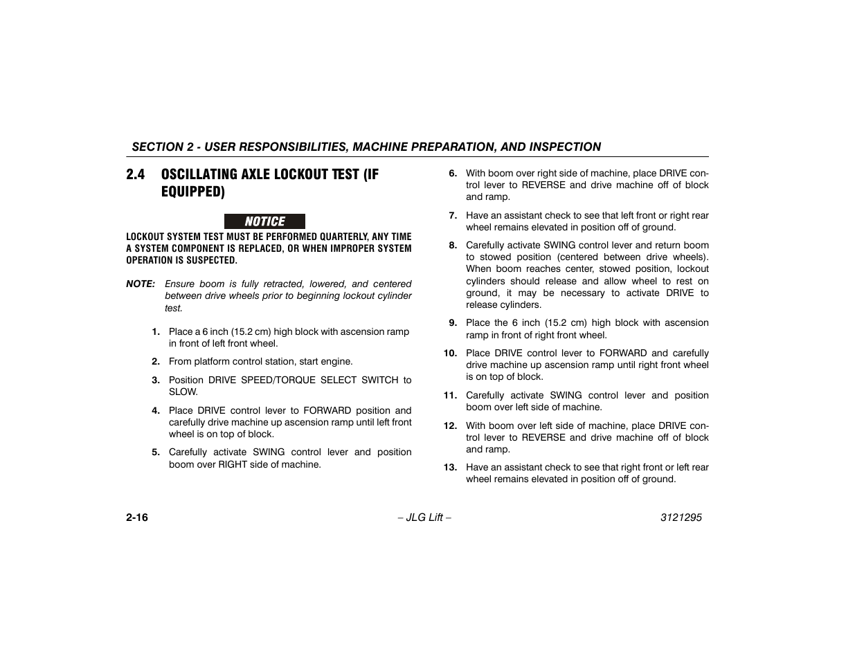 4 oscillating axle lockout test (if equipped), 4 oscillating axle lockout test, If equipped) -16 | JLG 740AJ Operator Manual User Manual | Page 36 / 132