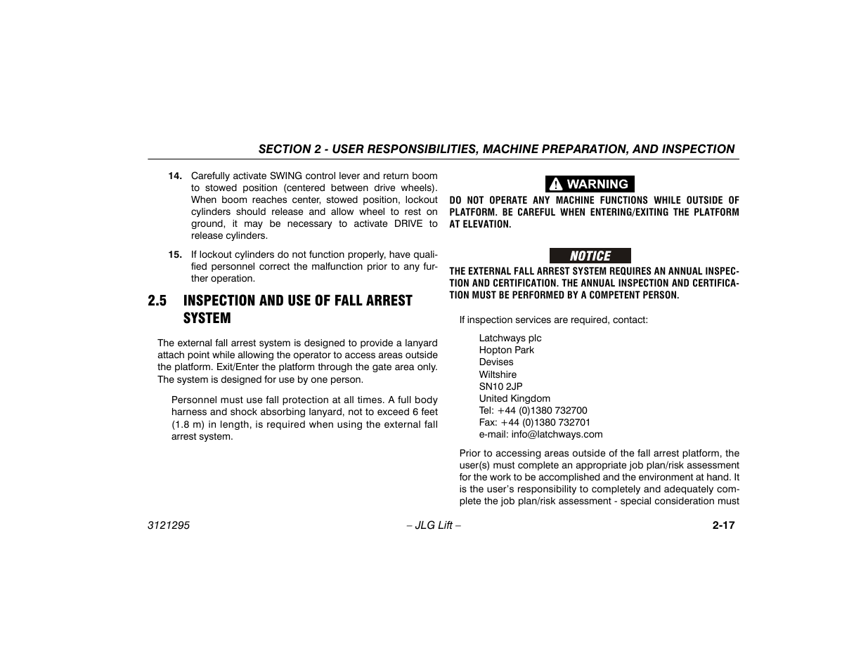 5 inspection and use of fall arrest system, 5 inspection and use of fall arrest, System -17 | JLG 740AJ Operator Manual User Manual | Page 37 / 132