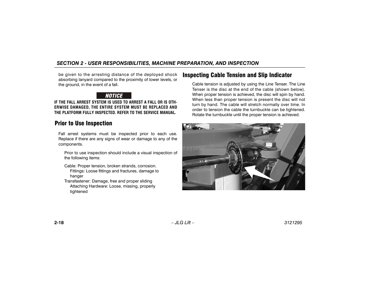 Prior to use inspection, Inspecting cable tension and slip indicator | JLG 740AJ Operator Manual User Manual | Page 38 / 132