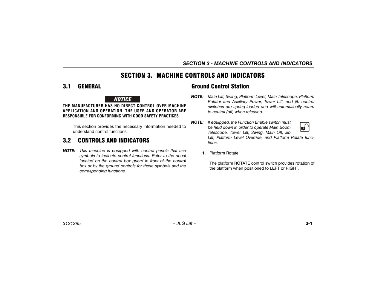 Section 3. machine controls and indicators, 1 general, 2 controls and indicators | Ground control station, Section - 3 - machine controls and indicators, 1 general -1 3.2 controls and indicators -1, Ground control station -1 | JLG 740AJ Operator Manual User Manual | Page 41 / 132