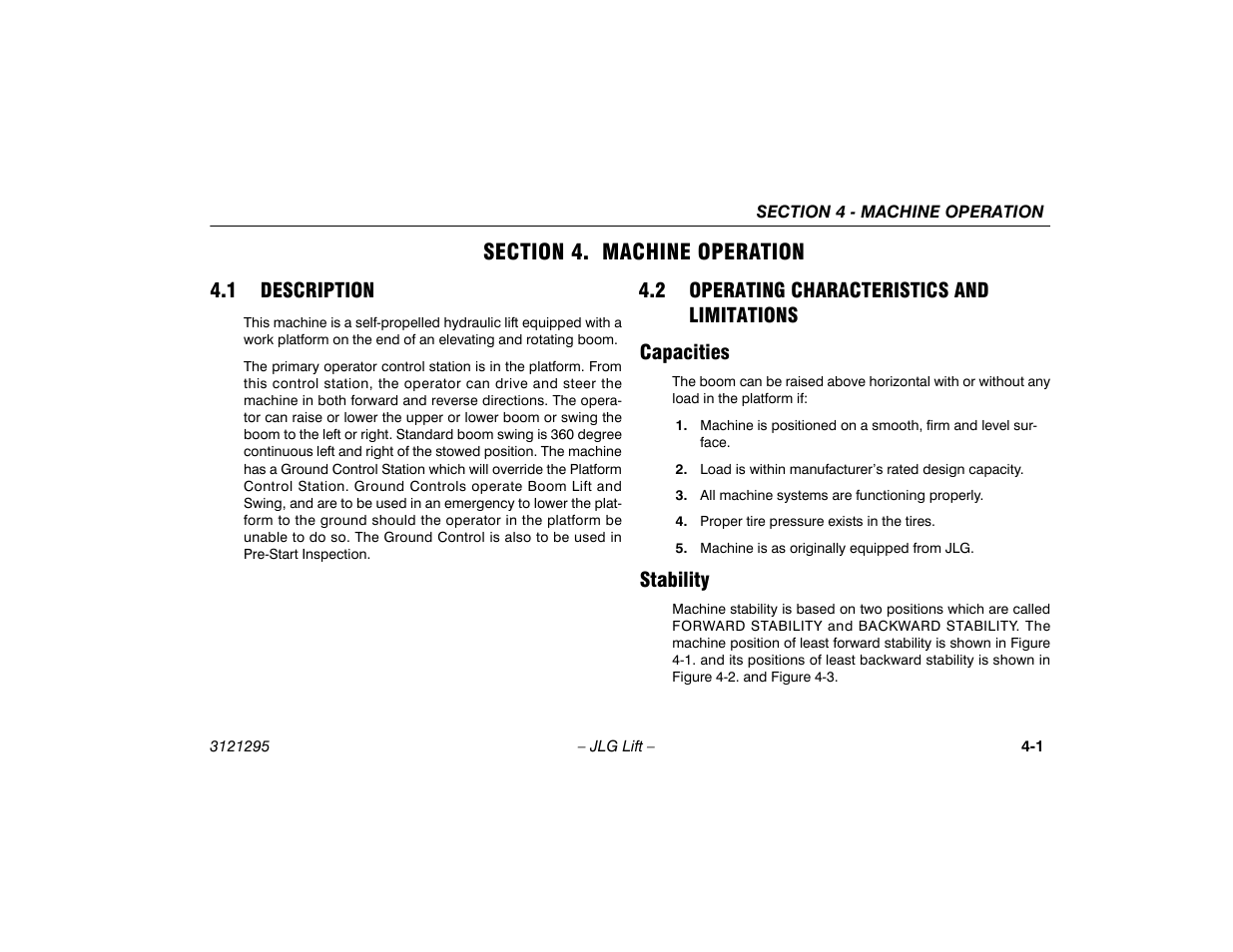 Section 4. machine operation, 1 description, 2 operating characteristics and limitations | Capacities, Stability, Section - 4 - machine operation, 1 description -1 4.2 operating characteristics and, Limitations -1, Capacities -1 stability -1 | JLG 740AJ Operator Manual User Manual | Page 63 / 132