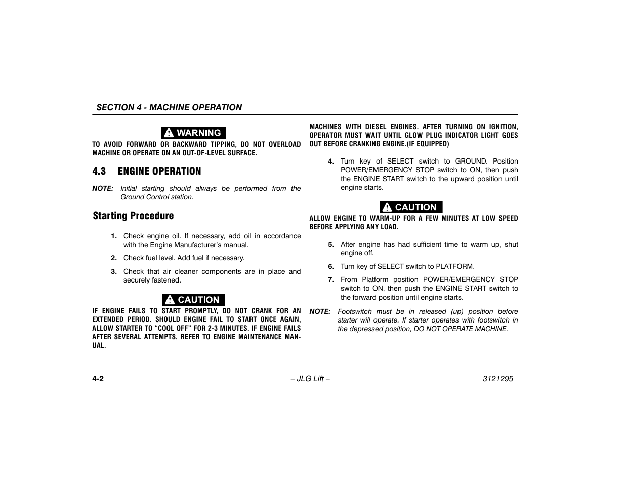 3 engine operation, Starting procedure, 3 engine operation -2 | Starting procedure -2 | JLG 740AJ Operator Manual User Manual | Page 64 / 132