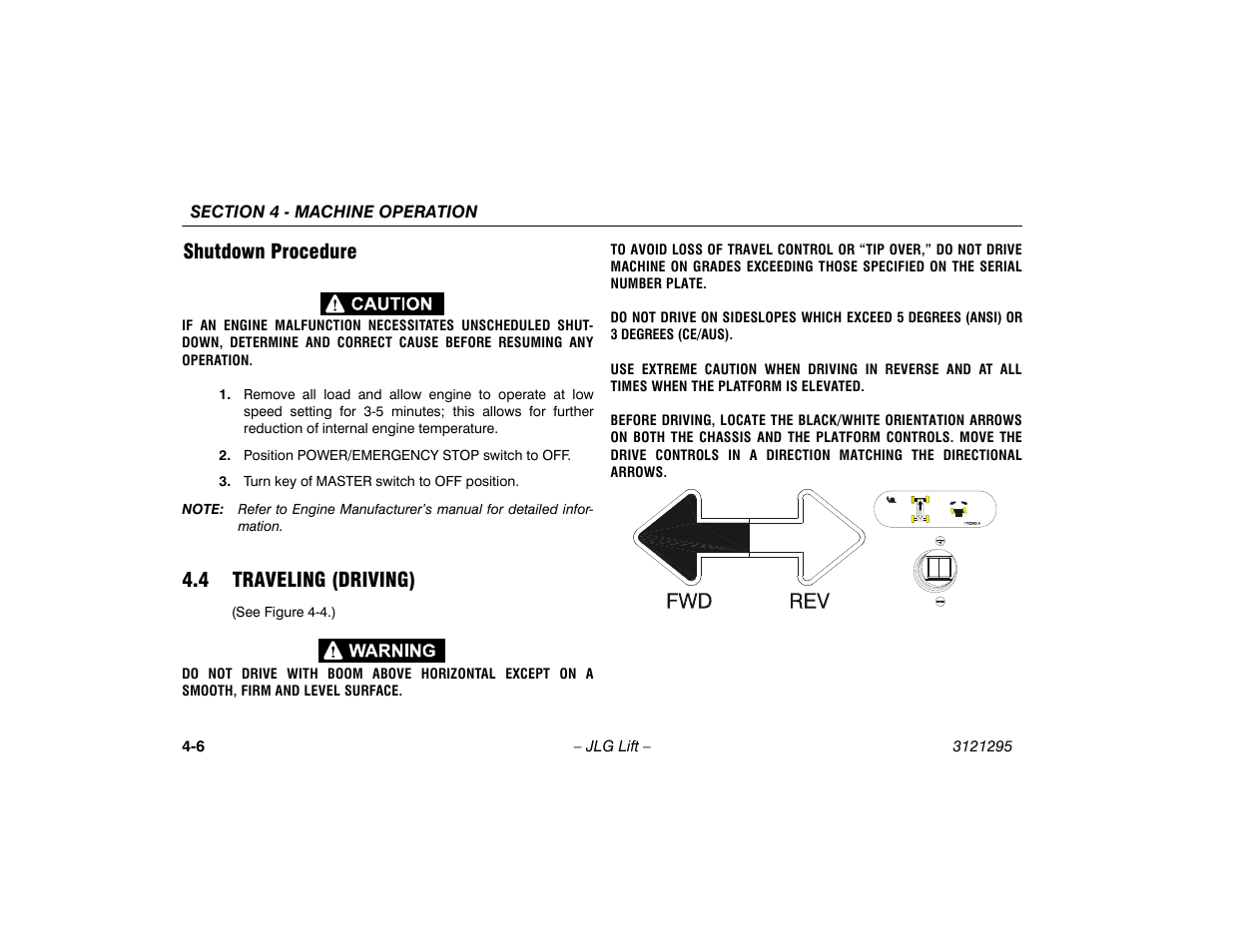 Shutdown procedure, 4 traveling (driving), Shutdown procedure -6 | 4 traveling (driving) -6 | JLG 740AJ Operator Manual User Manual | Page 68 / 132