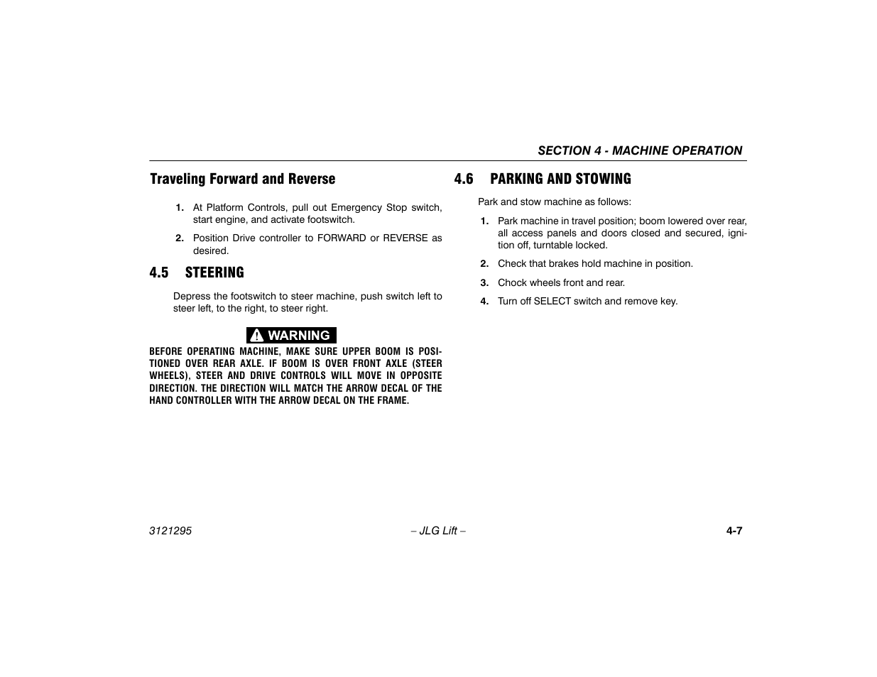 Traveling forward and reverse, 5 steering, 6 parking and stowing | Traveling forward and reverse -7, 5 steering -7 4.6 parking and stowing -7 | JLG 740AJ Operator Manual User Manual | Page 69 / 132