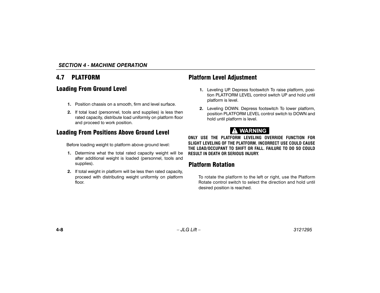 7 platform, Loading from ground level, Loading from positions above ground level | Platform level adjustment, Platform rotation, 7 platform -8, 7 platform loading from ground level | JLG 740AJ Operator Manual User Manual | Page 70 / 132