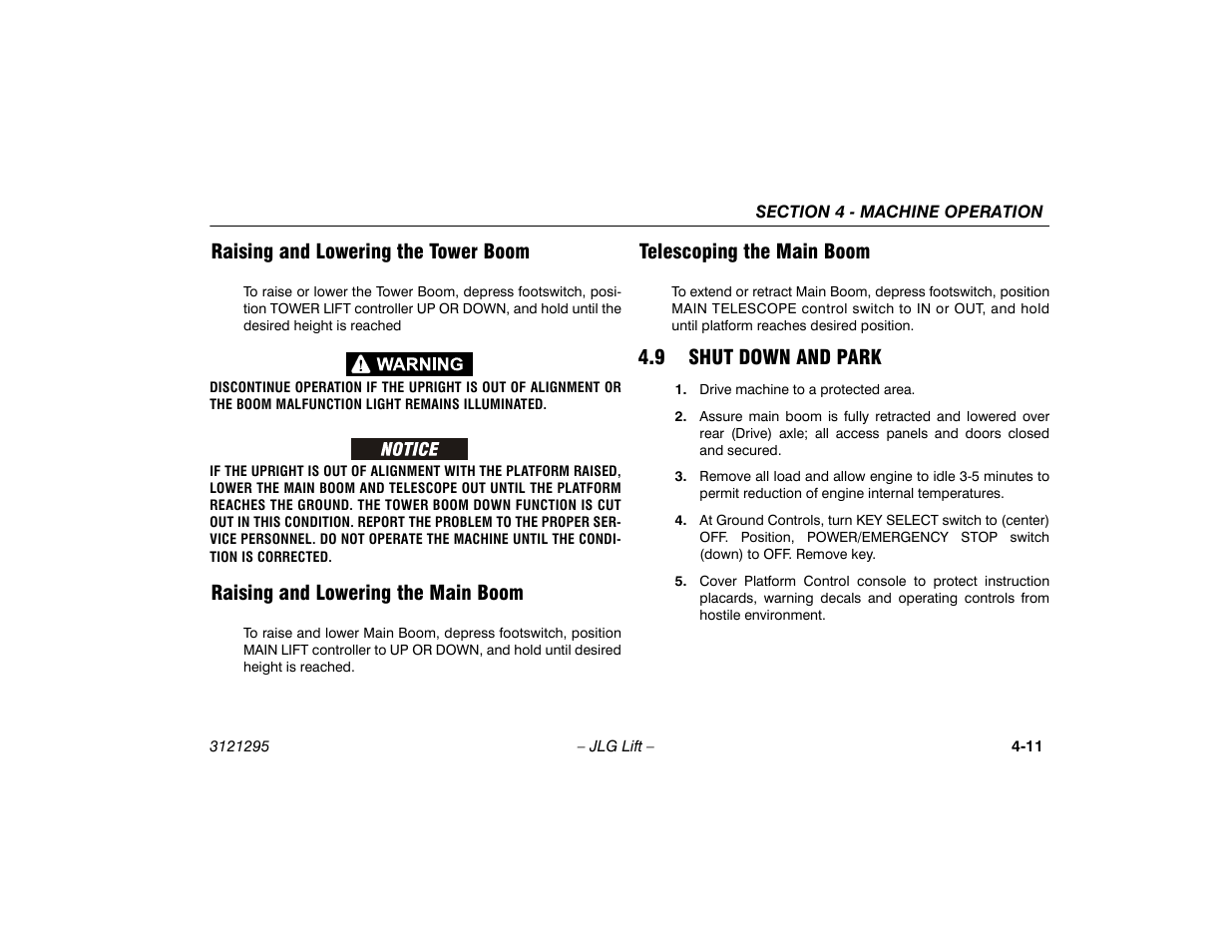 Raising and lowering the tower boom, Raising and lowering the main boom, Telescoping the main boom | 9 shut down and park, 9 shut down and park -11 | JLG 740AJ Operator Manual User Manual | Page 73 / 132