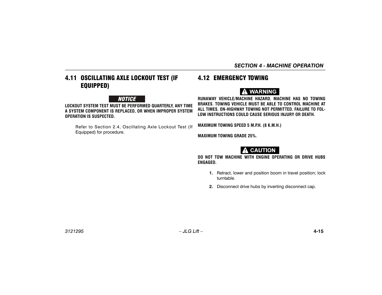 11 oscillating axle lockout test (if equipped), 12 emergency towing, 11 oscillating axle lockout test | If equipped) -15, 12 emergency towing -15 | JLG 740AJ Operator Manual User Manual | Page 77 / 132