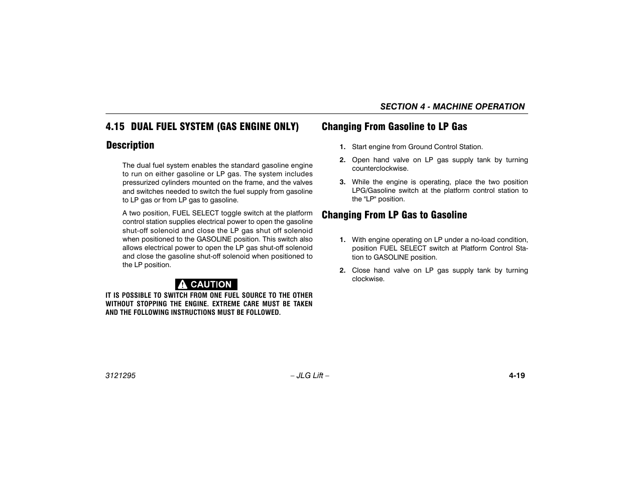 15 dual fuel system (gas engine only), Description, Changing from gasoline to lp gas | Changing from lp gas to gasoline, 15 dual fuel system (gas engine only) -19, Description -19, 15 dual fuel system (gas engine only) description | JLG 740AJ Operator Manual User Manual | Page 81 / 132