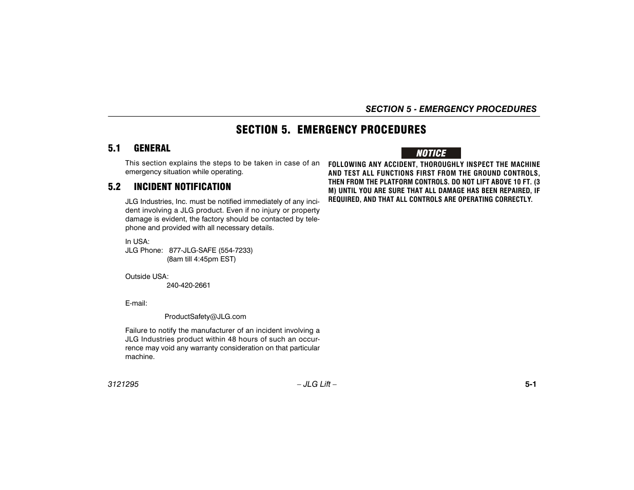 Section 5. emergency procedures, 1 general, 2 incident notification | Section - 5 - emergency procedures, 1 general -1 5.2 incident notification -1 | JLG 740AJ Operator Manual User Manual | Page 91 / 132