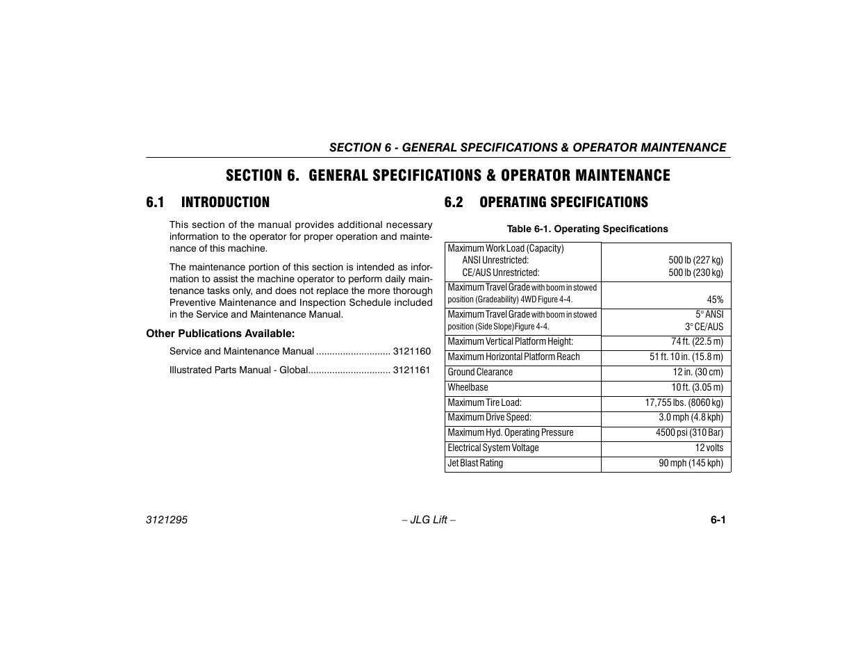 1 introduction, 2 operating specifications, Section - 6 - general specifications & operator | Maintenance, 1 introduction -1 6.2 operating specifications -1, Operating specifications -1 | JLG 740AJ Operator Manual User Manual | Page 93 / 132