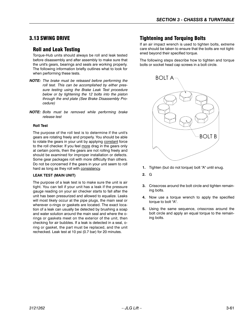 13 swing drive, Roll and leak testing, Tightening and torquing bolts | Swing drive -61, 13 swing drive roll and leak testing | JLG 1500SJ Service Manual User Manual | Page 109 / 628