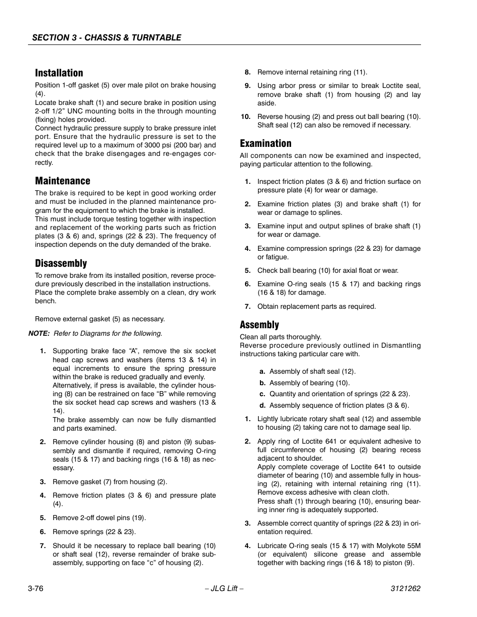 Installation, Maintenance, Disassembly | Examination, Assembly | JLG 1500SJ Service Manual User Manual | Page 124 / 628