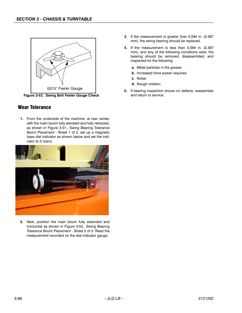 Wear tolerance, Wear tolerance -98, Swing bolt feeler gauge check -98 | Dicated on figure 3-53 | JLG 1500SJ Service Manual User Manual | Page 146 / 628