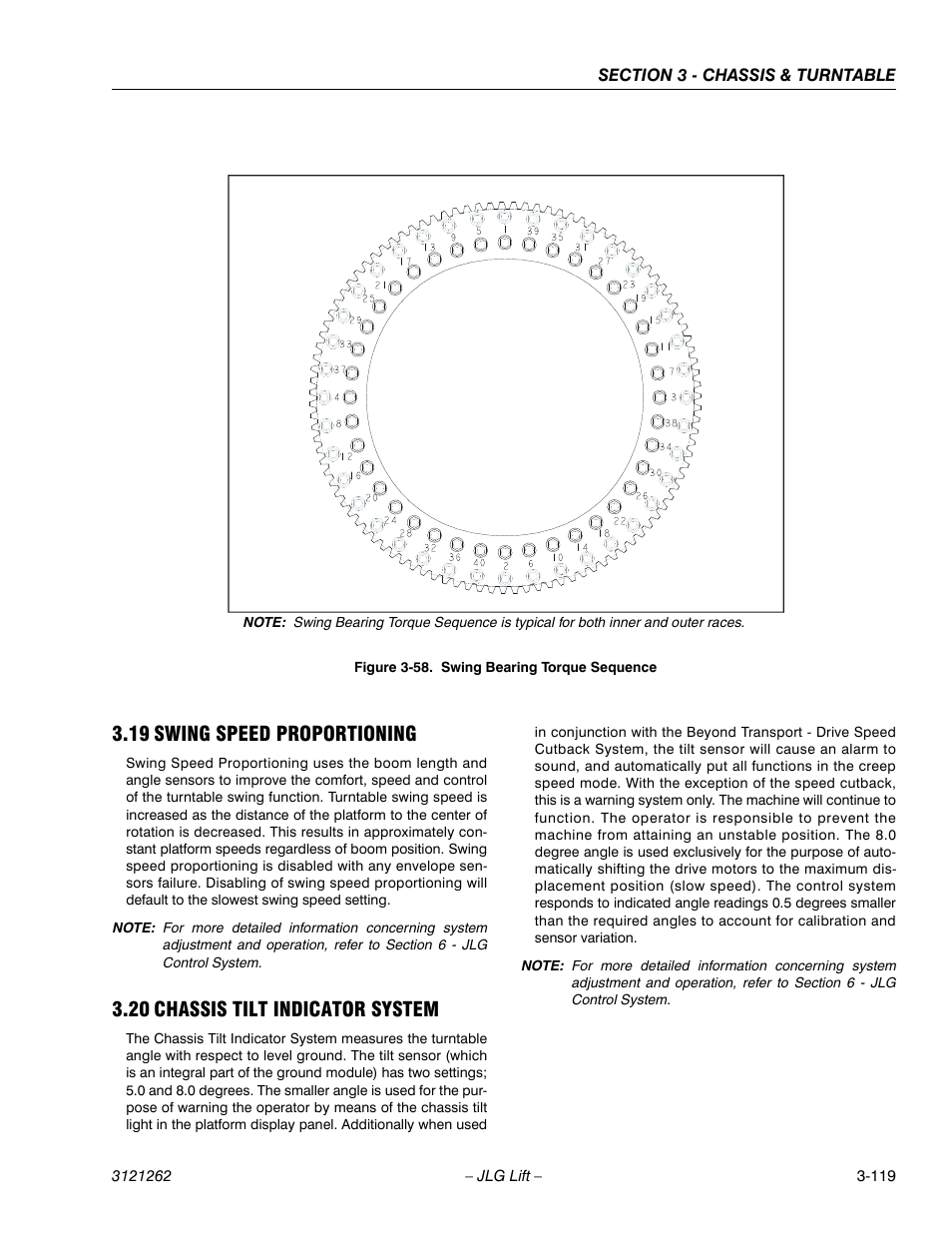 19 swing speed proportioning, 20 chassis tilt indicator system, Swing speed proportioning -119 | Chassis tilt indicator system -119, Swing bearing torque sequence -119 | JLG 1500SJ Service Manual User Manual | Page 167 / 628