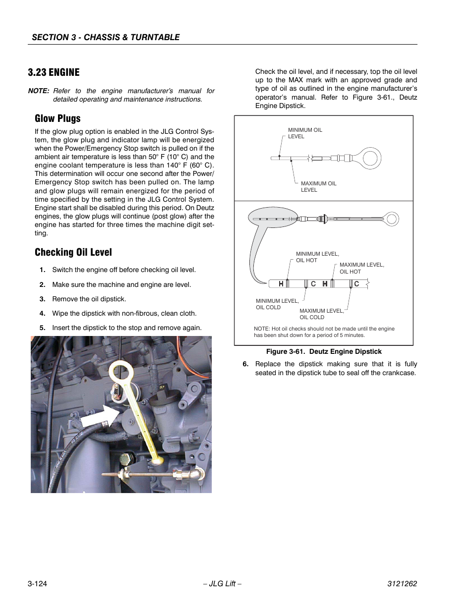 23 engine, Glow plugs, Checking oil level | Engine -124, Glow plugs -124 checking oil level -124, Deutz engine dipstick -124 | JLG 1500SJ Service Manual User Manual | Page 172 / 628
