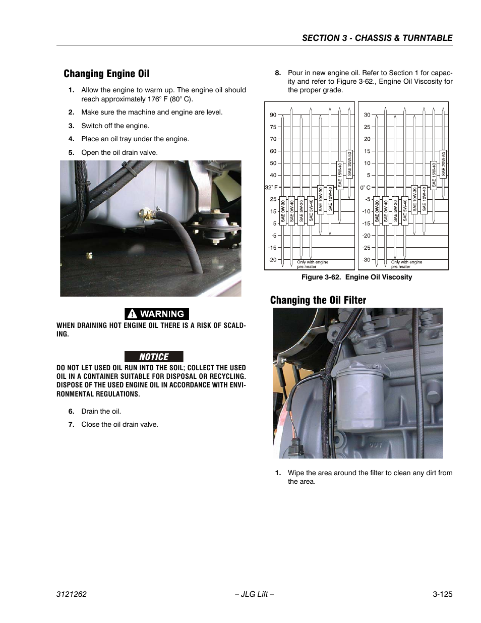 Changing engine oil, Changing the oil filter, Engine oil viscosity -125 | JLG 1500SJ Service Manual User Manual | Page 173 / 628