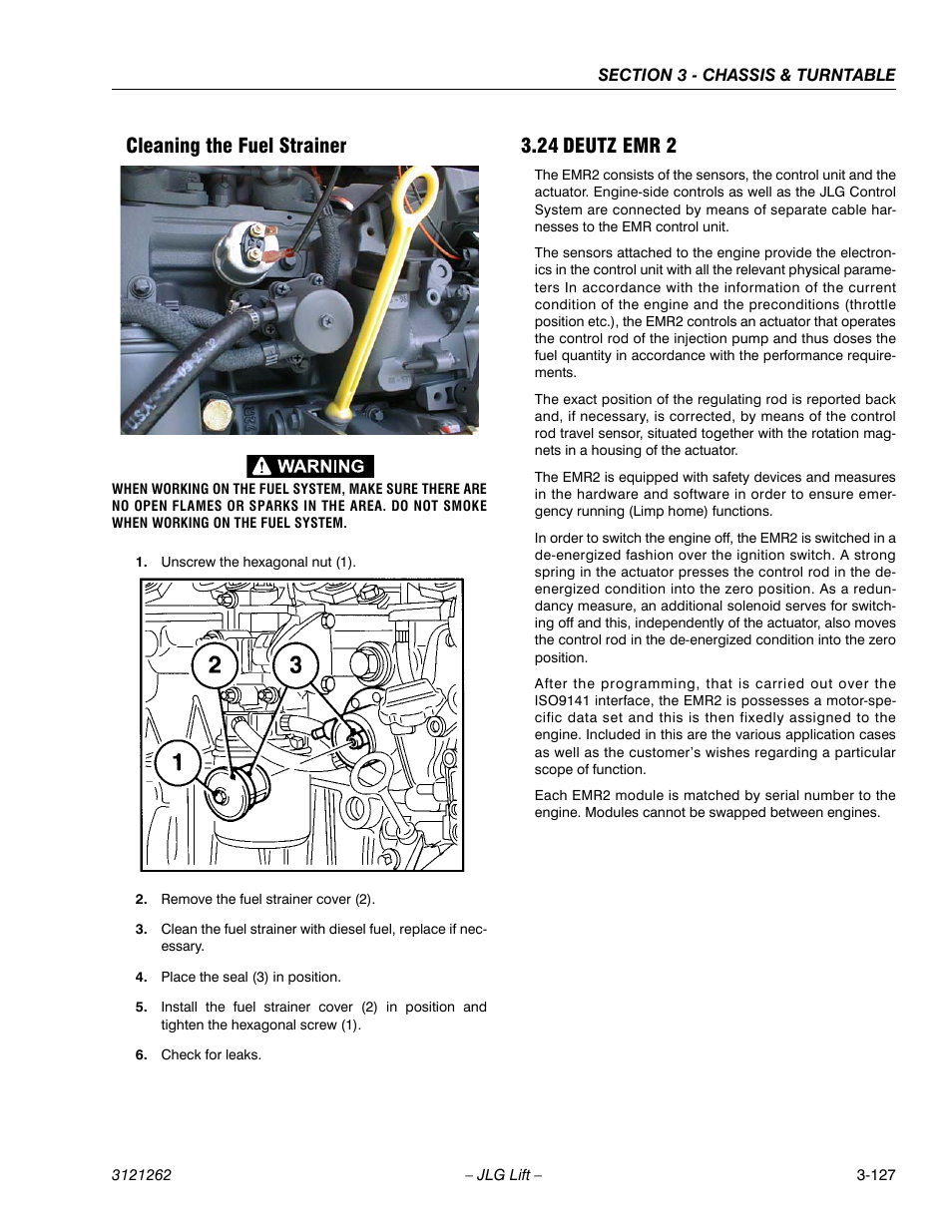 Cleaning the fuel strainer, 24 deutz emr 2, Cleaning the fuel strainer -127 | Deutz emr 2 -127 | JLG 1500SJ Service Manual User Manual | Page 175 / 628