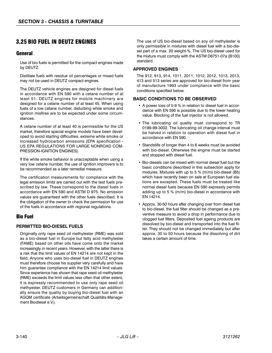 25 bio fuel in deutz engines, General, Bio fuel | Bio fuel in deutz engines -140, General -140 bio fuel -140 | JLG 1500SJ Service Manual User Manual | Page 188 / 628