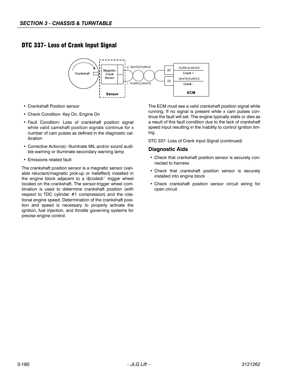 Dtc 337- loss of crank input signal, Dtc 337- loss of crank input signal -160 | JLG 1500SJ Service Manual User Manual | Page 208 / 628