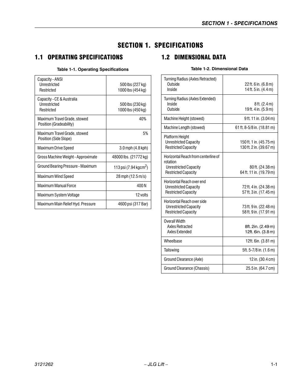 Section 1. specifications, 1 operating specifications, 2 dimensional data | Section 1 - specifications, Operating specifications -1, Dimensional data -1, 1 operating specifications 1.2 dimensional data | JLG 1500SJ Service Manual User Manual | Page 21 / 628
