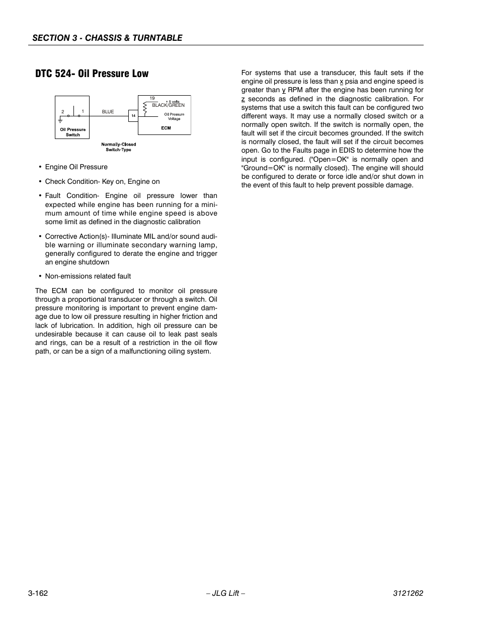 Dtc 524- oil pressure low, Dtc 524- oil pressure low -162 | JLG 1500SJ Service Manual User Manual | Page 210 / 628